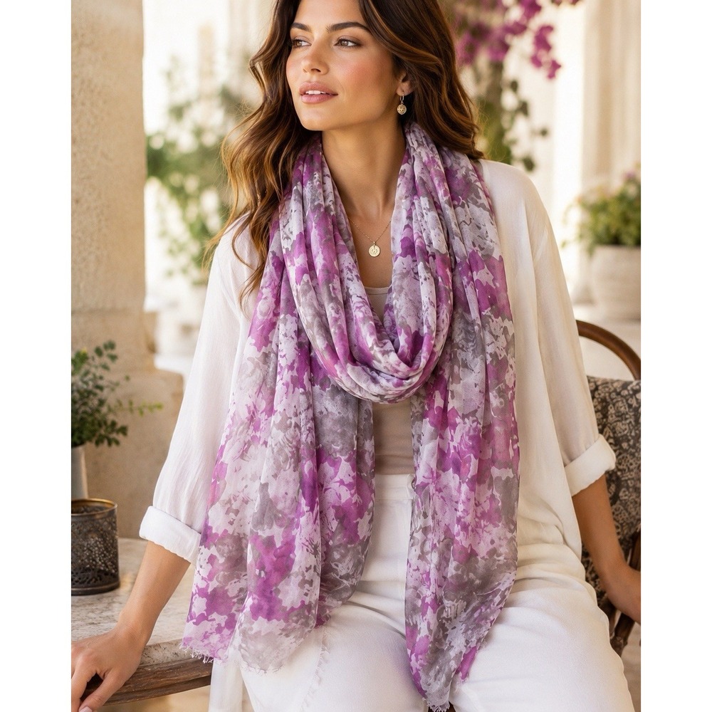 Womens Purple Gray Floral Lightweight Scarf Wrap Shawl Semi Sheer 43 x 70